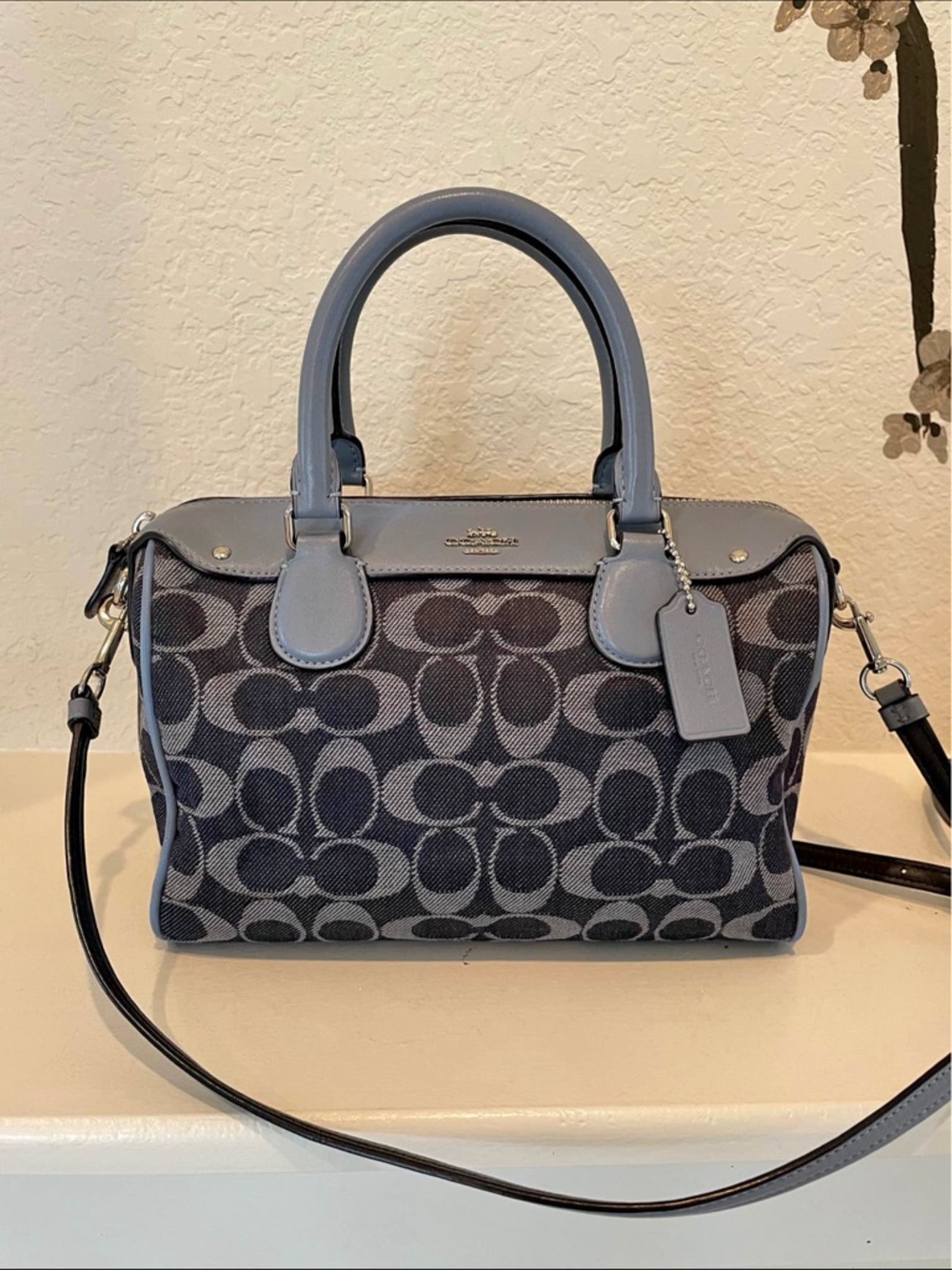 Coach Gray and Light Blue Signature Satchel with Detachable Strap